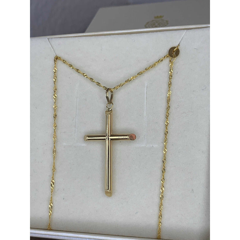 Kit Cadena Con Dije De Cruz Tubular 3 Cm Oro 10k + Obsequio