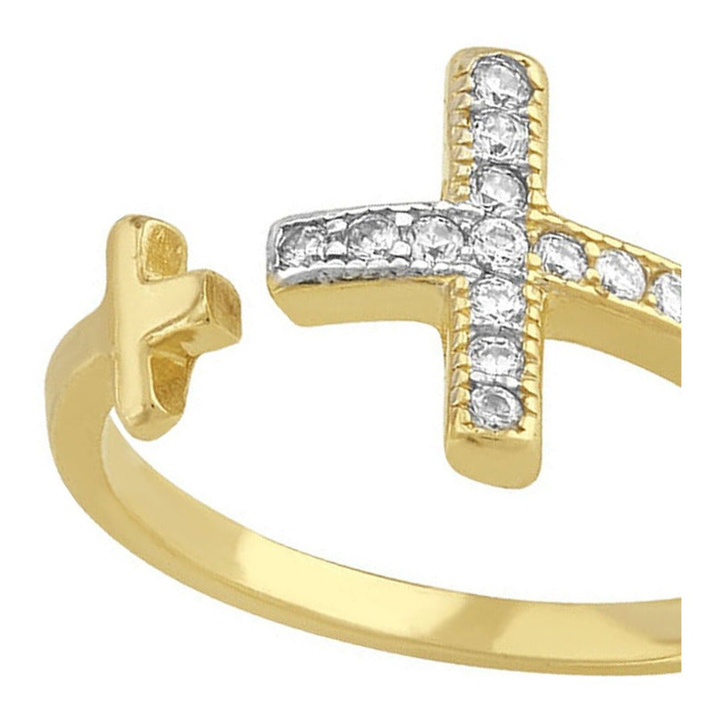 Anillo Doble Cruz Con Zirconia En Oro De 10 K + Obsequio