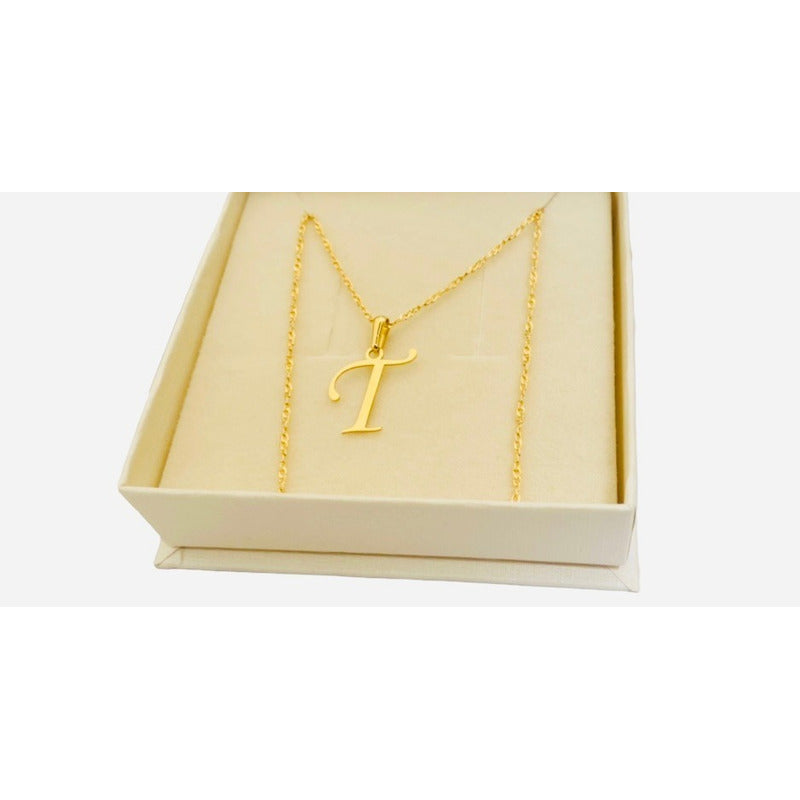 Juego Inicial Letra T Con Cadena 50 Cm Oro 14 K + Obsequio