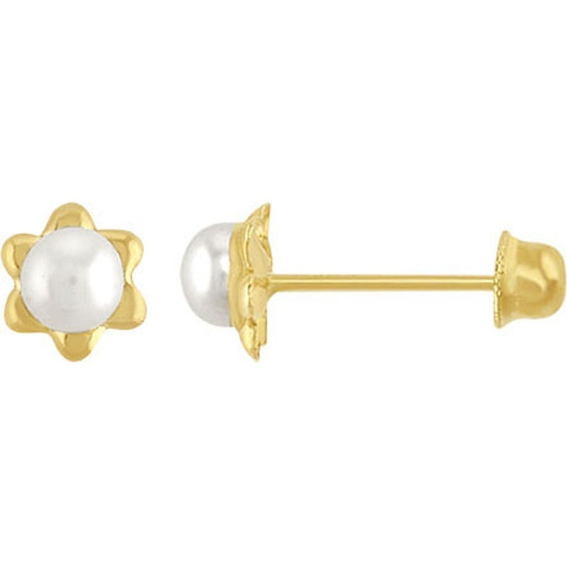 Broquel Mini Perla Flor En Oro De 10 K + Obsequio + Envío