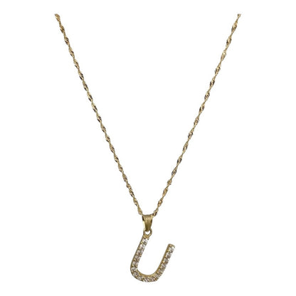 Juego Collar Letra U + Aretes Zirconias Oro 10 K. + Regalo