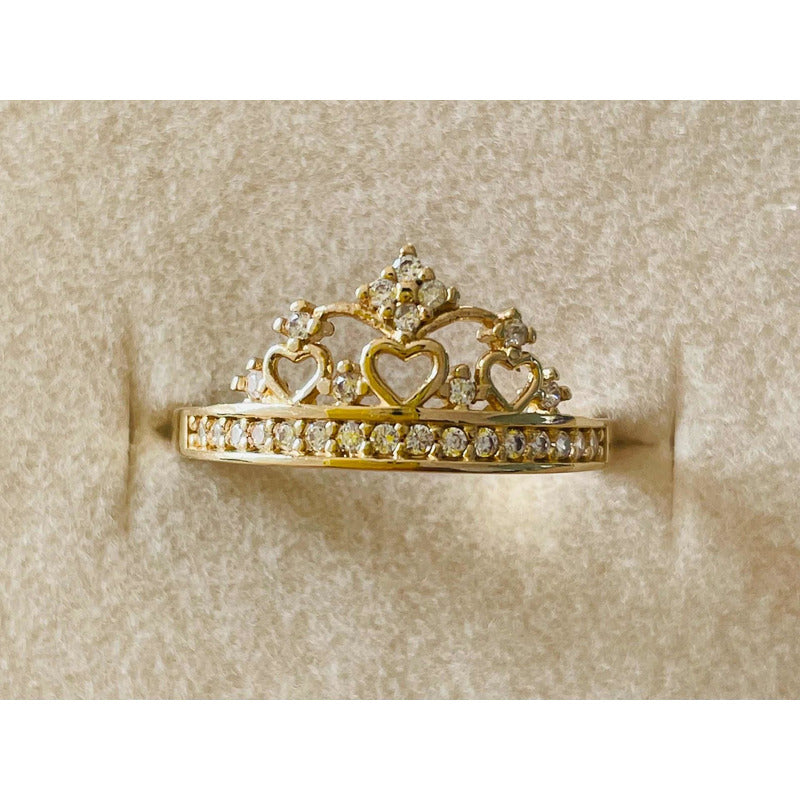 Anillo Corona Con 3 Corazones Oro 10 K + Obsequio