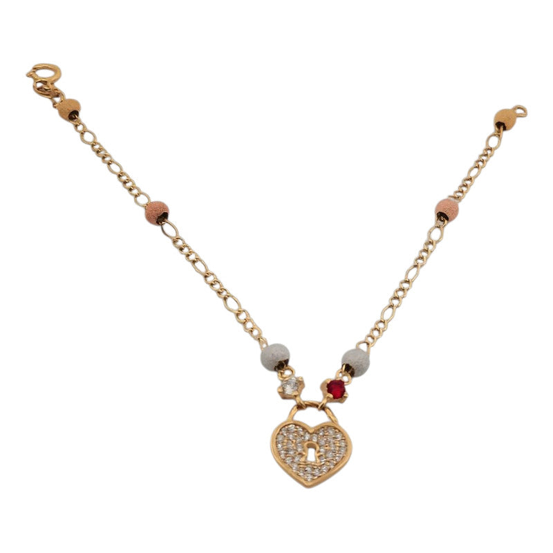 Pulsera Corazón Con Circonias Y Granitos  En Oro De 10k