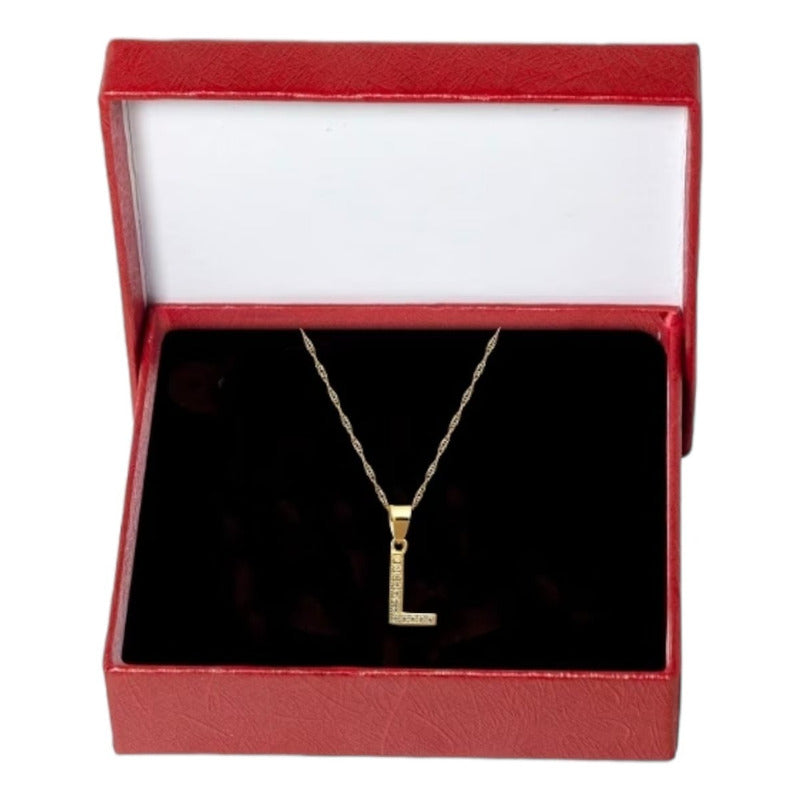 Juego Collar Letra L + Aretes Zirconias Oro 10 K. + Regalo