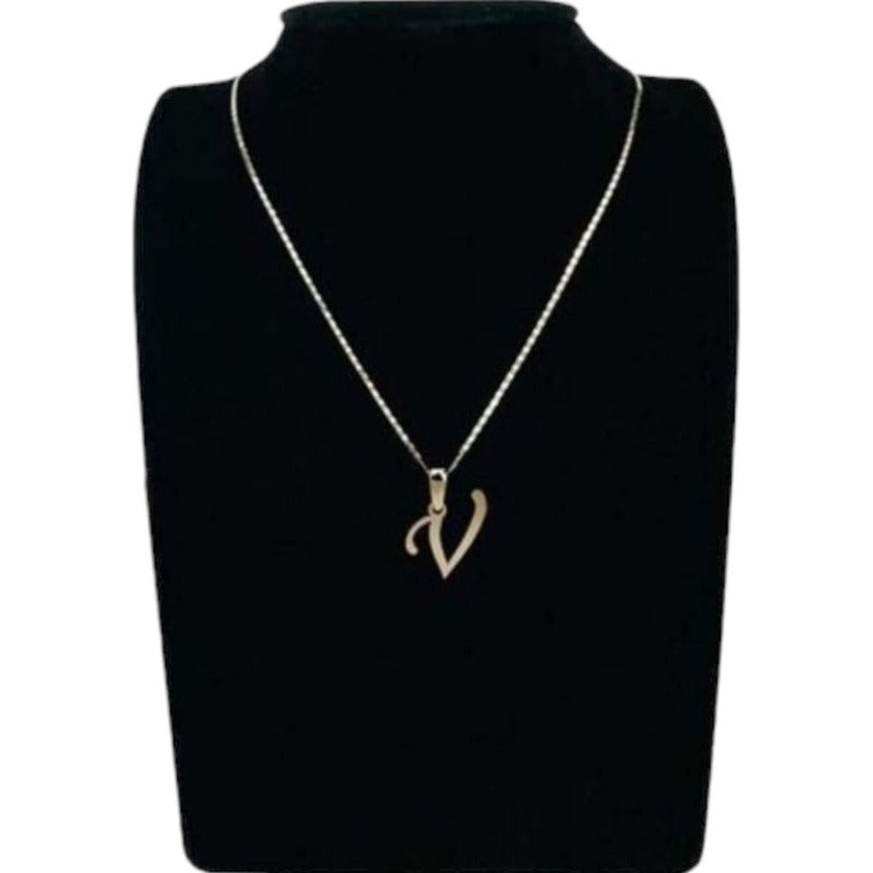 Juego Collar Letra V Lisa + Aretes Bola 10 K. + Regalo