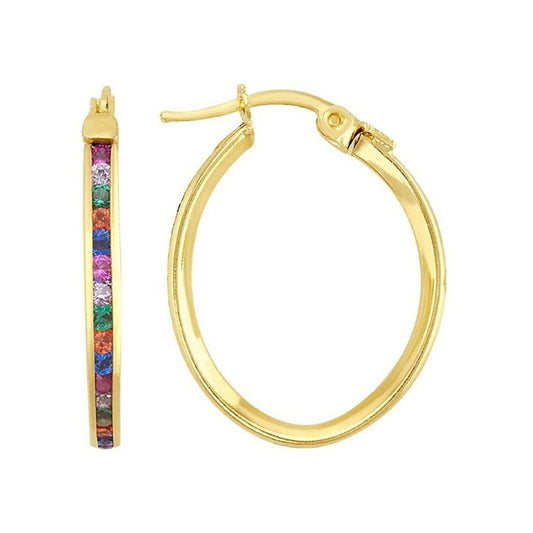 Arracada Oval Zirconias De Colores En Oro De 10 K + Obsequio