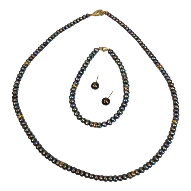 Juego De Aretes, Collar Y Pulsera Perla Negra Botón Oro 14k