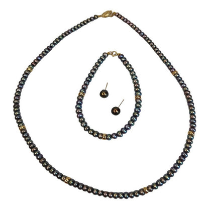 Juego De Aretes, Collar Y Pulsera Perla Negra Botón Oro 14k