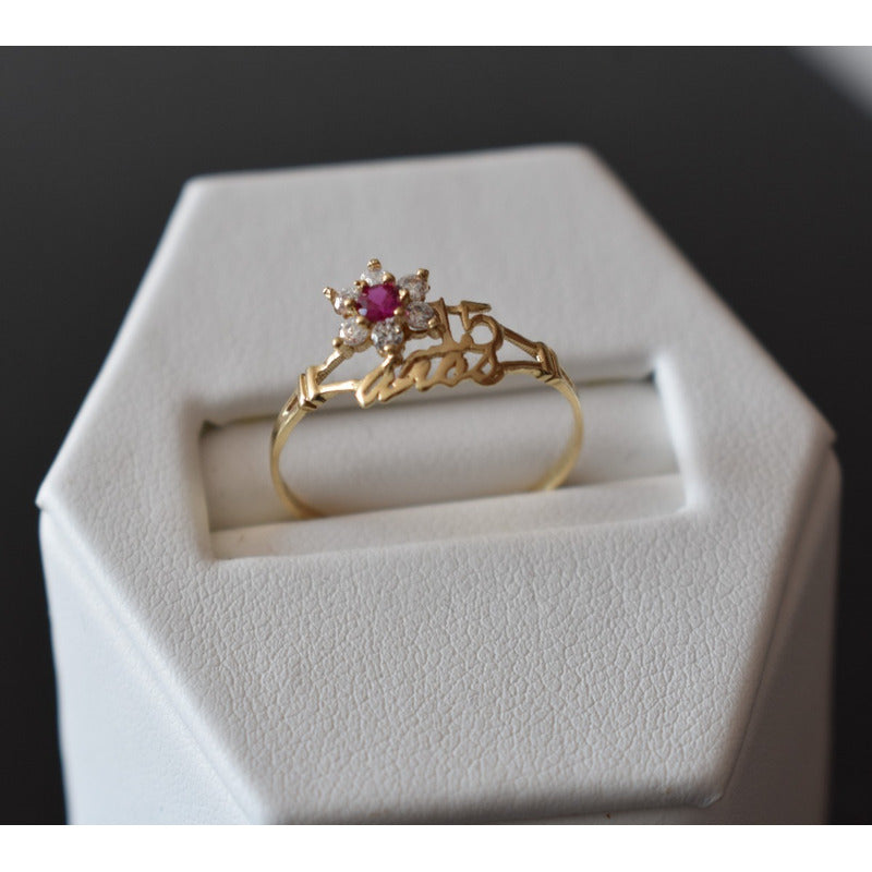 Anillo Xv Años Roseta Rubi 10 K + Color Dorado Talla 5