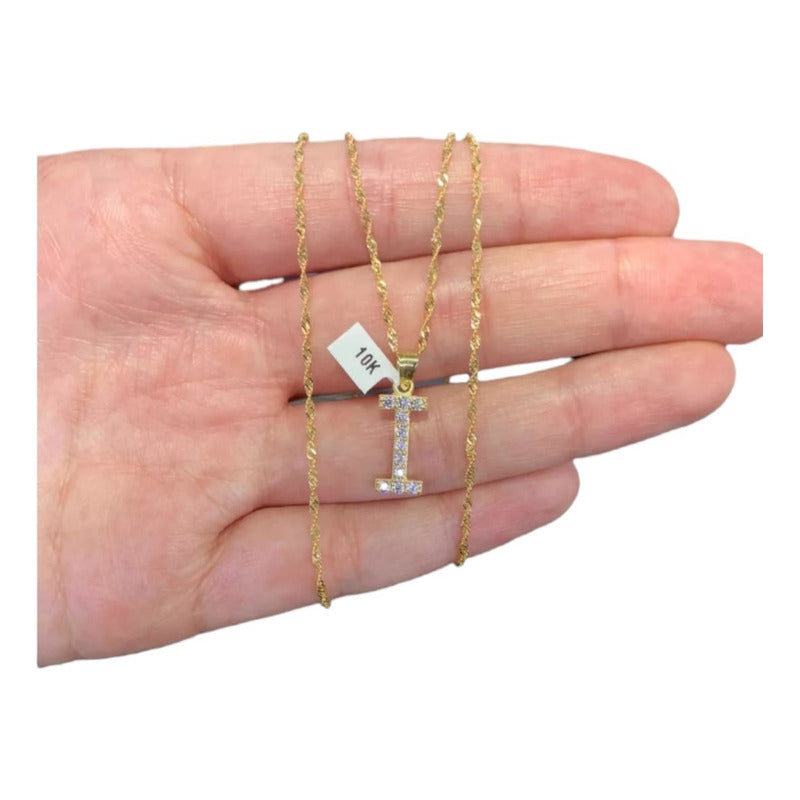 Juego Collar Letra I + Aretes Zirconias Oro 10 K. + Regalo