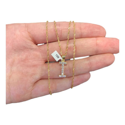 Juego Collar Letra I + Aretes Zirconias Oro 10 K. + Regalo