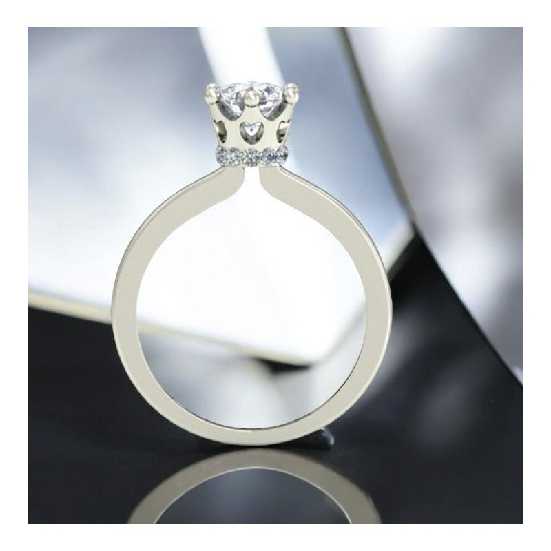 Elegante Anillo Solitario Corona Corazones Oro 10 Kilates