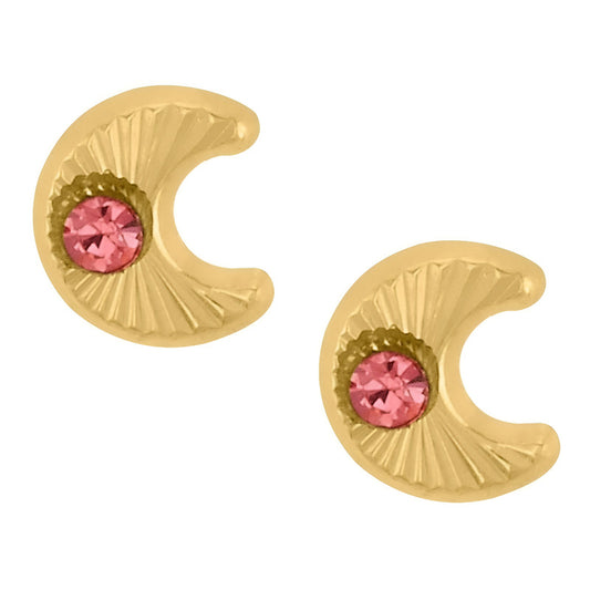 Broqueles De Luna Con Circonia Rosa En Oro De 14 Kilates