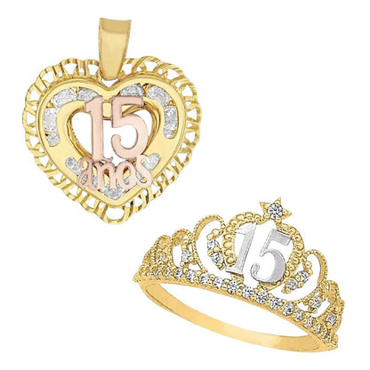 Juego Anillo Y Collar Corazon Xv Años Zirconias Oro 10 K