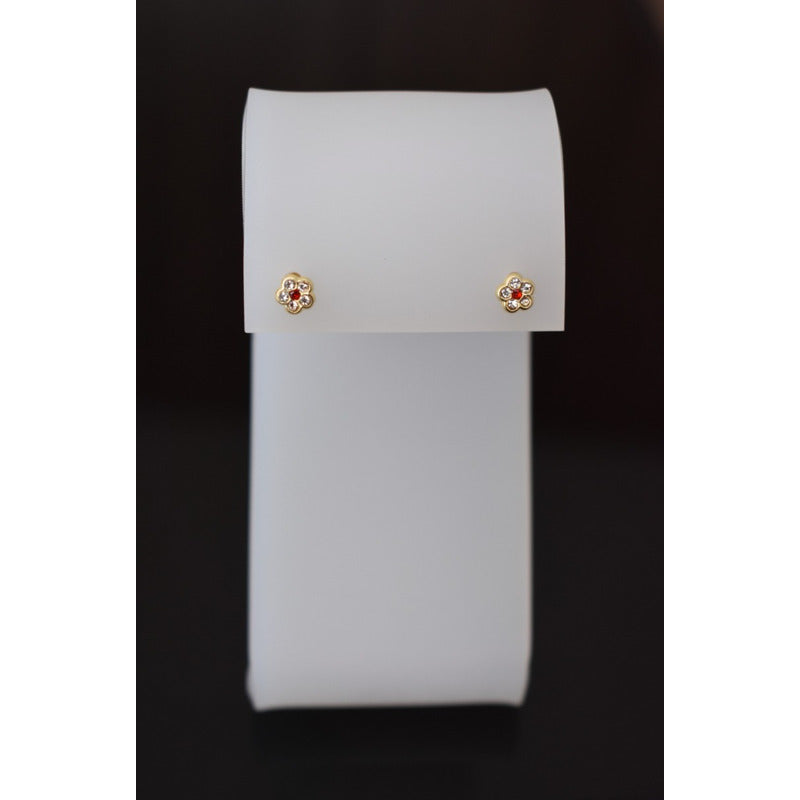 Broqueles Flor Piedra Roja Para Bebé 1 Mm Oro De 10 K