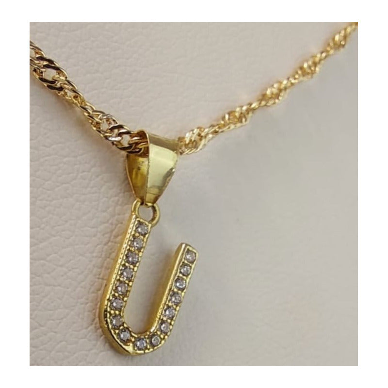 Juego Collar Letra U + Aretes Zirconias Oro 10 K. + Regalo