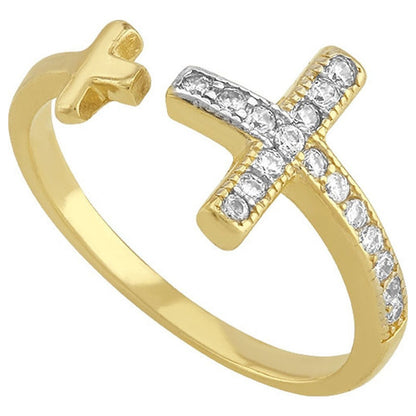 Anillo Doble Cruz Con Zirconia En Oro De 10 K + Obsequio