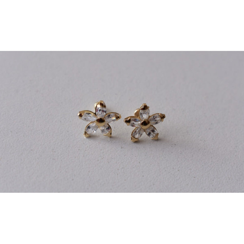 Broqueles Flor Estrella Con Circonia 6 Mm Oro De 10 K