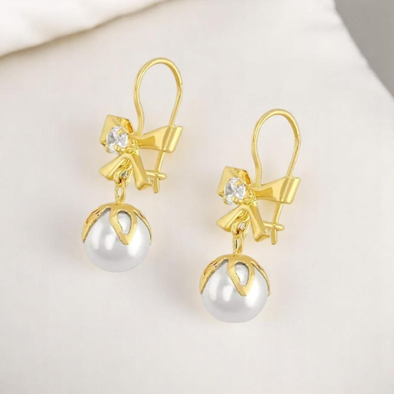 Arete Flor Moño Perla En Oro De 10 K + Obsequio + Envio