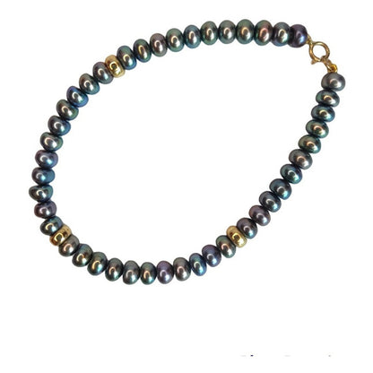 Pulsera Perlas Botón Negras 5.5 Mm Con Donas De 14 K + Obseq