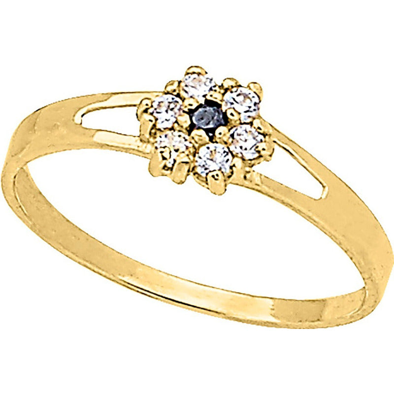 Anillo Flor Con Onix Y Circonias Oro 10 K + Obsequio