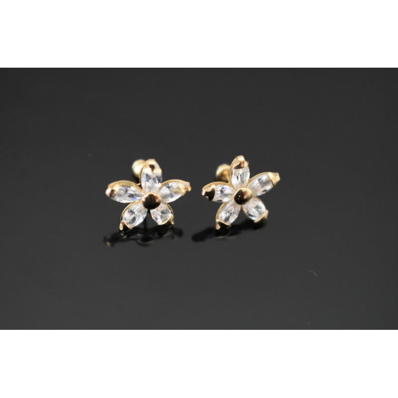 Broqueles Flor Estrella Con Circonia 6 Mm Oro De 10 K