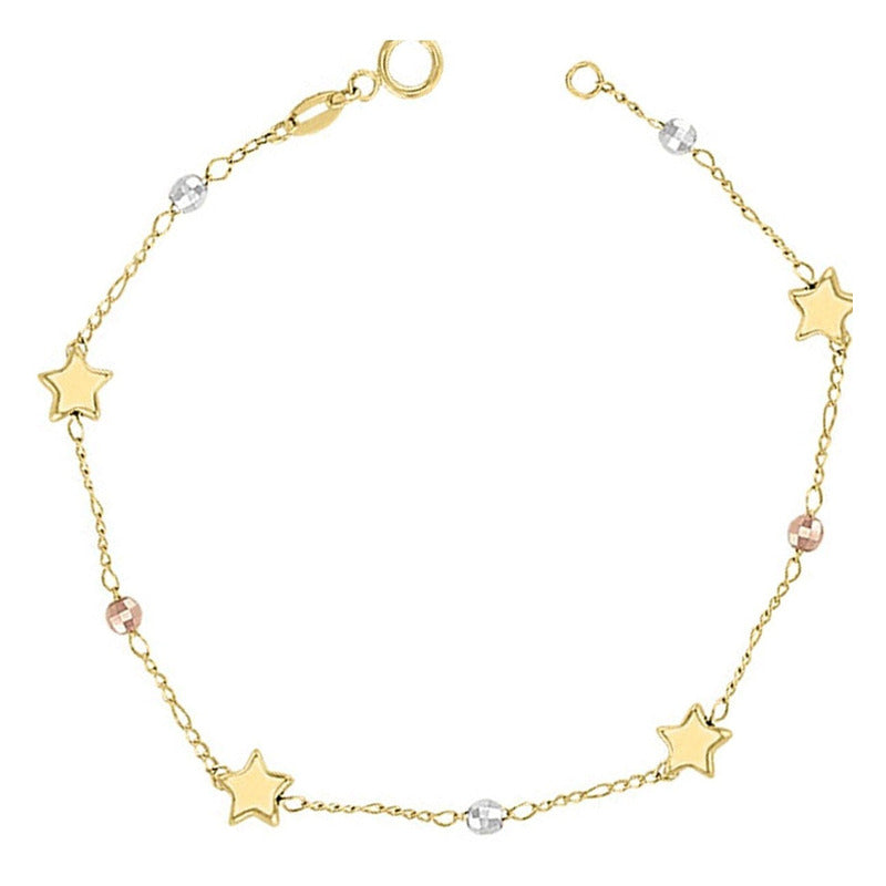 Pulsera Estrellitas Bolitas 3 Colores En Oro De 10 K +obsequ