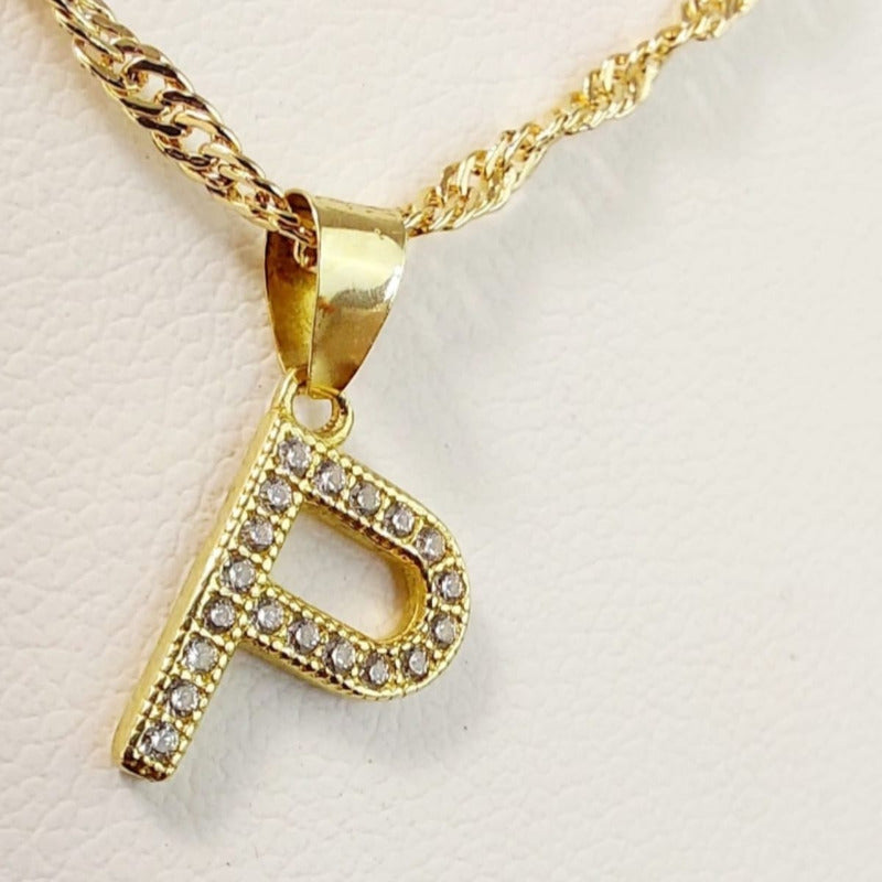 Juego Collar Letra P + Aretes Zirconias Oro 10 K. + Regalo