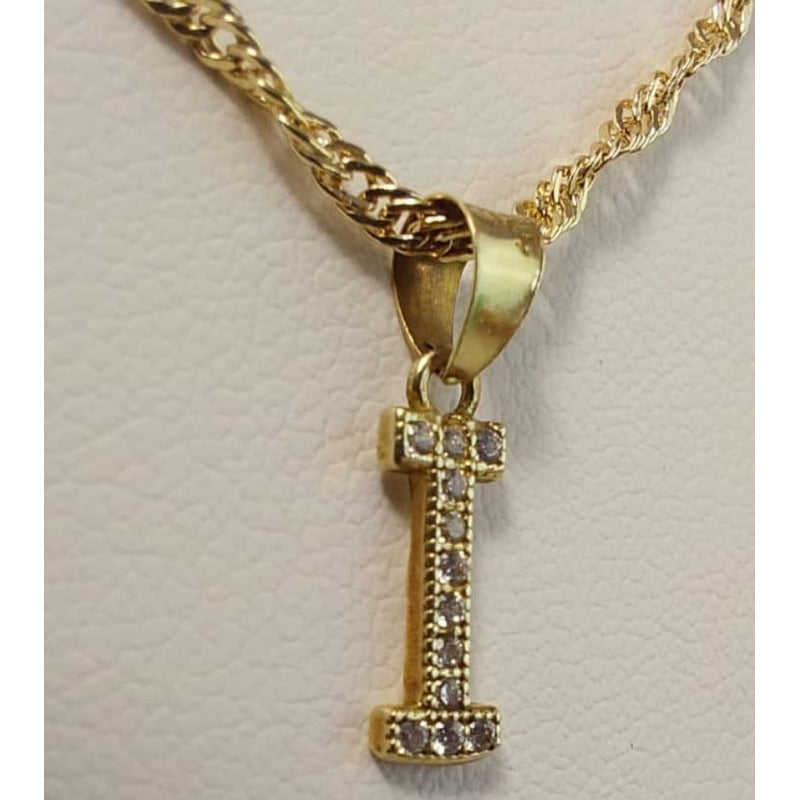Juego Collar Letra I + Aretes Zirconias Oro 10 K. + Regalo