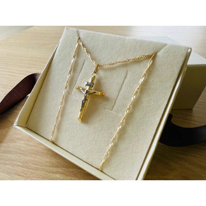 Kit Cadena Con Dije Cruz Cristo Blanco Oro 10 K + Obsequio