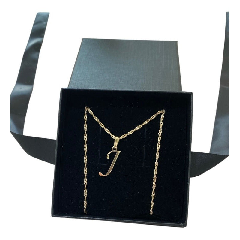 Juego Inicial Letra J Con Cadena 50 Cm Oro 14 K + Obsequio