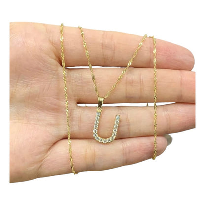 Juego Collar Letra U + Aretes Zirconias Oro 10 K. + Regalo