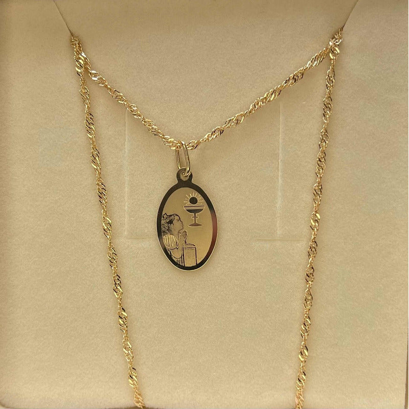 Kit Cadena Medalla Oval Comunión Oro 10 K + Obsequio