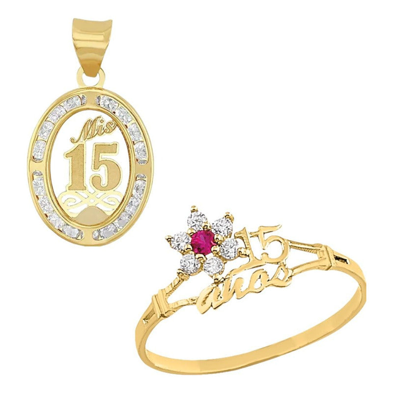 Juego Anillo Rubi Y Collar Mis Xv Años Oro 10 K + Obsequio