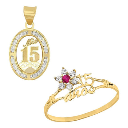 Juego Anillo Rubi Y Collar Mis Xv Años Oro 10 K + Obsequio