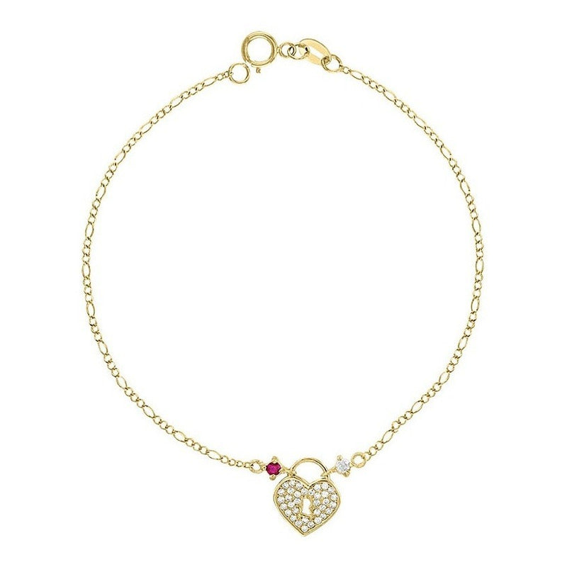 Pulsera Corazón Candado 18 Cm En Oro De 10 K + Obsequio