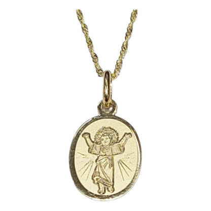 Kit Cadena Con Medalla Oval Divino Niño Oro 14k + Obsequio