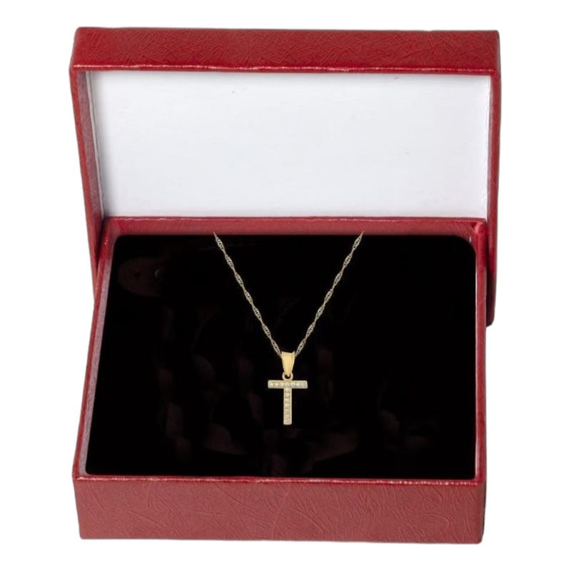 Juego Collar Letra T + Aretes Zirconias Oro 10 K. + Regalo