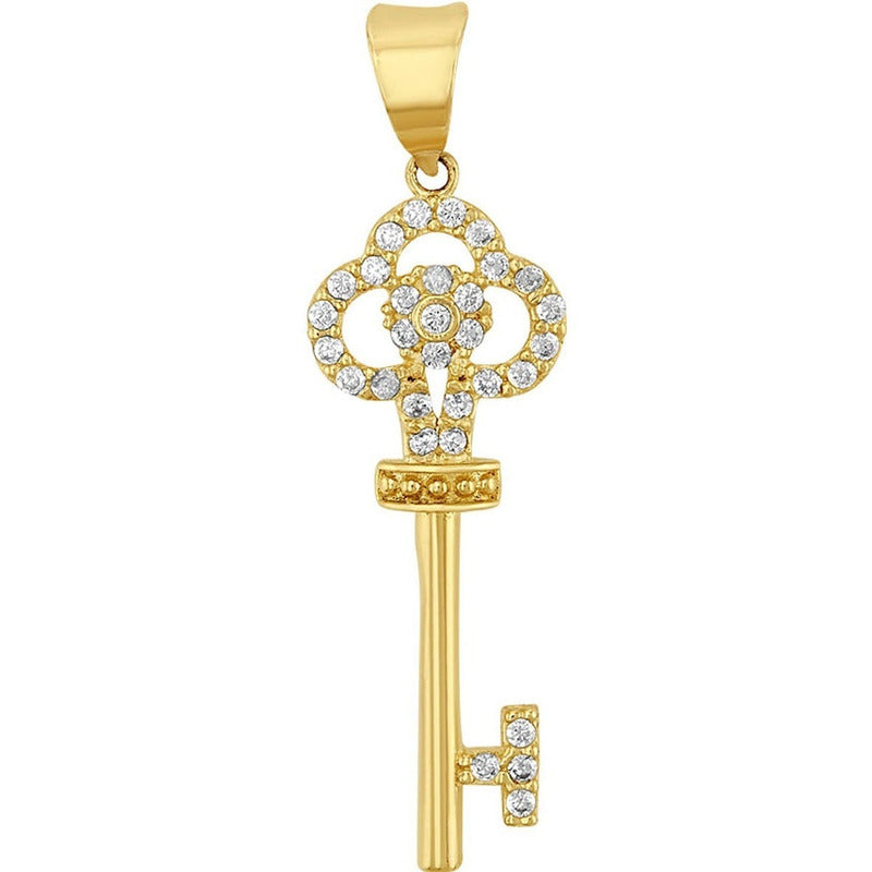 Cadena Con Dije Llave Flor Zirconias Oro 10 K + Obsequio