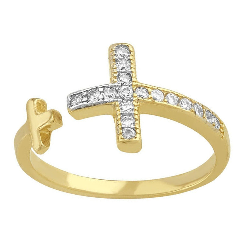 Anillo Doble Cruz Con Zirconia En Oro De 10 K + Obsequio