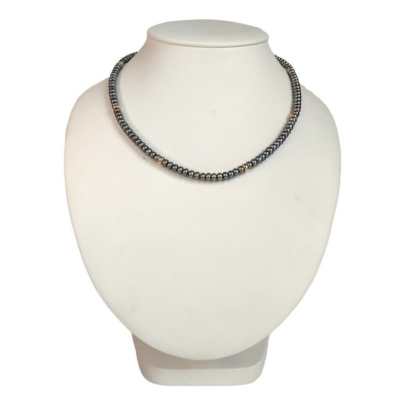 Juego De Aretes, Collar Y Pulsera Perla Negra Botón Oro 14k